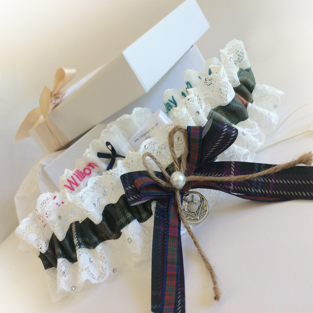 Bespoke wedding garter with 4 tartans