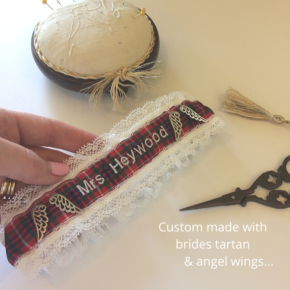 Custom made tartan garter with angel wings