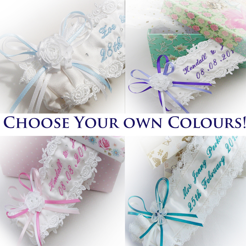 Personalised wedding garters with an elegant script textchoose your own colours