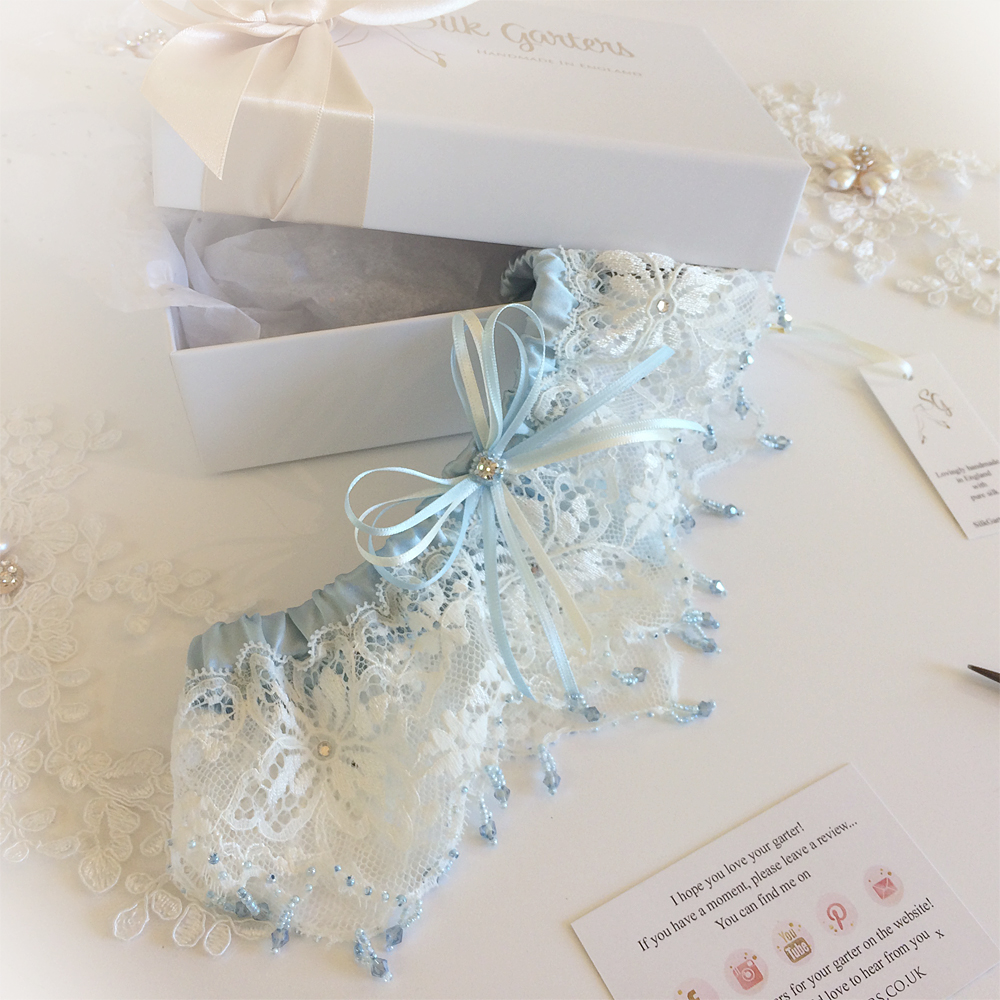 ivory and blue garter with crystals something blue