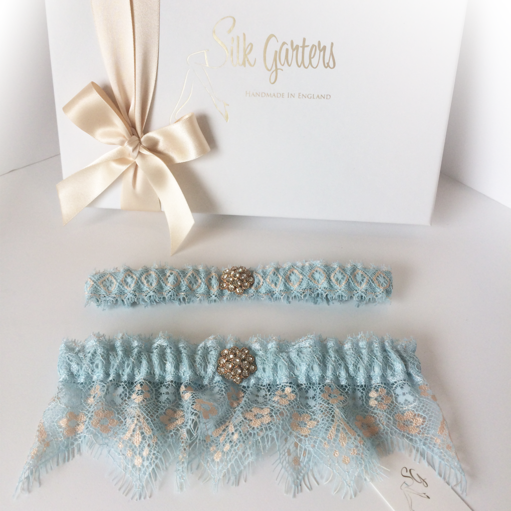 Etta wedding garter set blue champagne eyelash lace