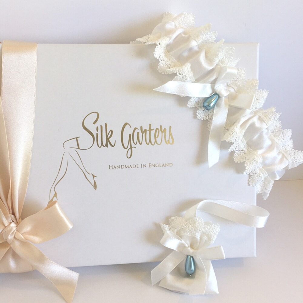 Pearl wedding garter and sixpence bag brides shower gift