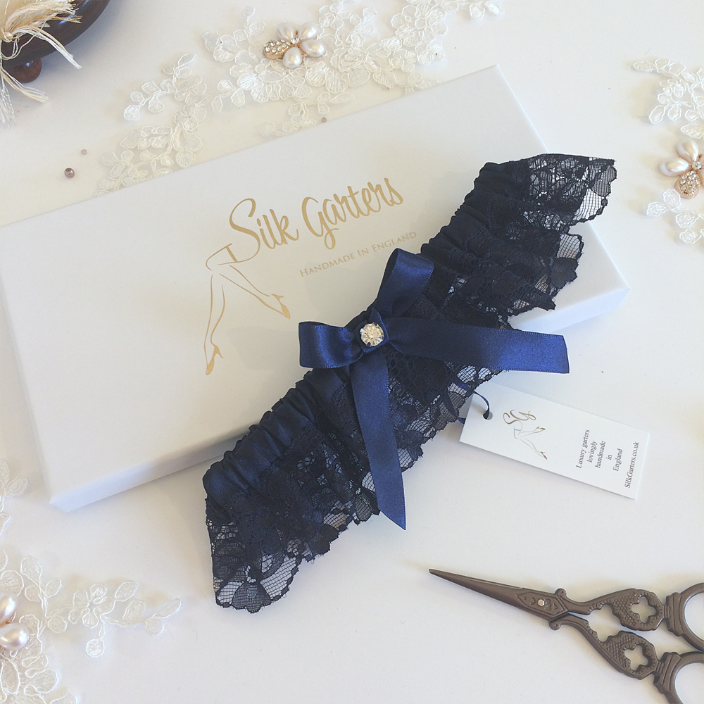 Sophisticated dark navy blue wedding garter