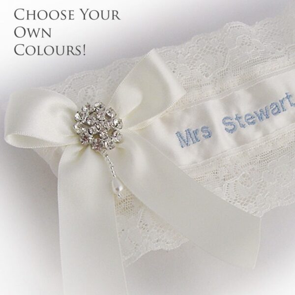 personalised wedding garter - blue text - custom colours wedding garter personalised