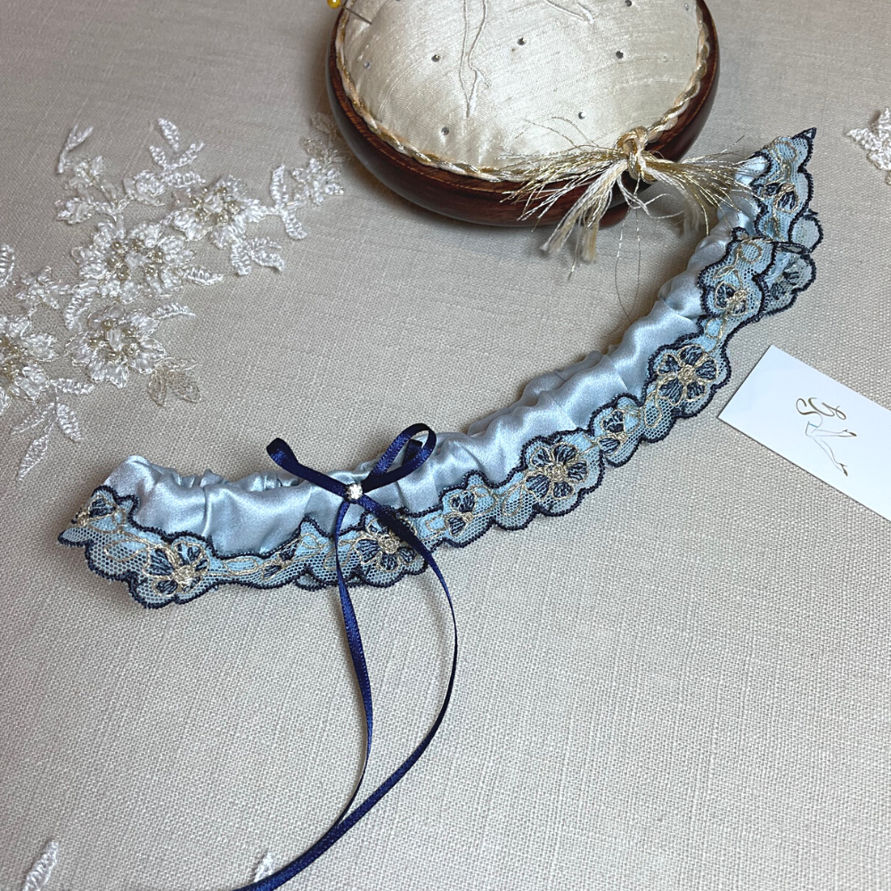 Sleek Narrow Blue garter harper - light blue silk with navy blue and gold embroidered tulle