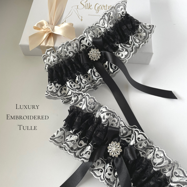 Enchanted Princess Wedding Garter Set - Enchanted Princess Wedding Garter - black satin and embroidered white tulle