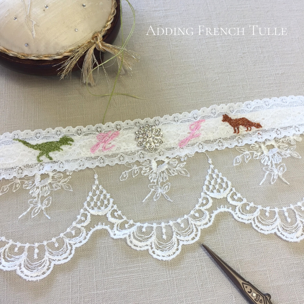 personalised unique tulle wedding garter - hand embroidered tulle wedding garter