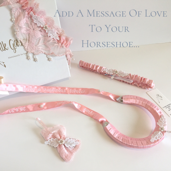 personalised Love you forever wedding garter set - in pink french lace