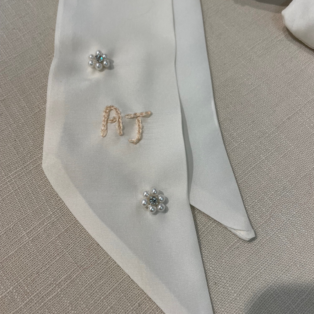 Personalised hand embroidered bouquet ribbon made from mothers wedding dress