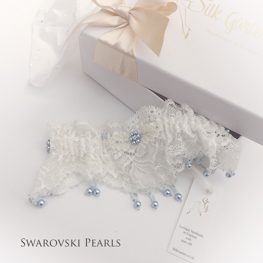 Unique wedding garter French lace and Swarovski crystal pearls