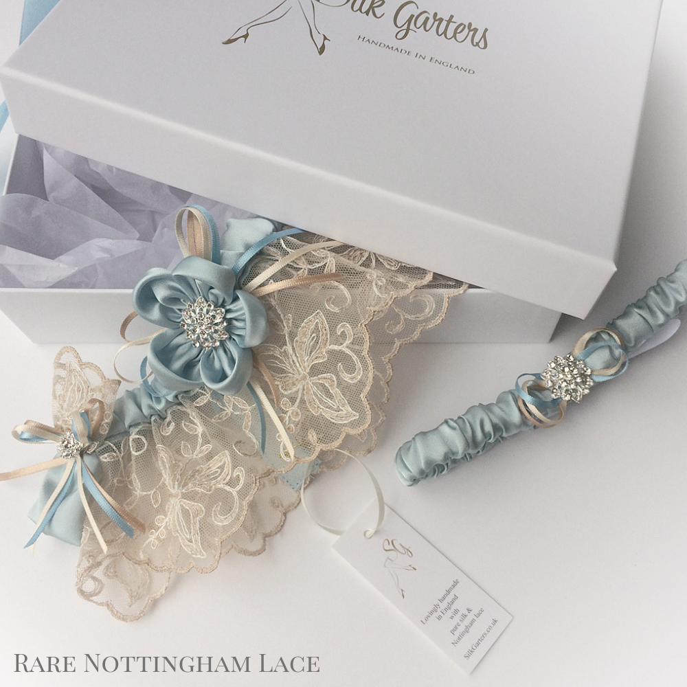Wedding Garter Ayana Champagne Nottingham lace and blue silk